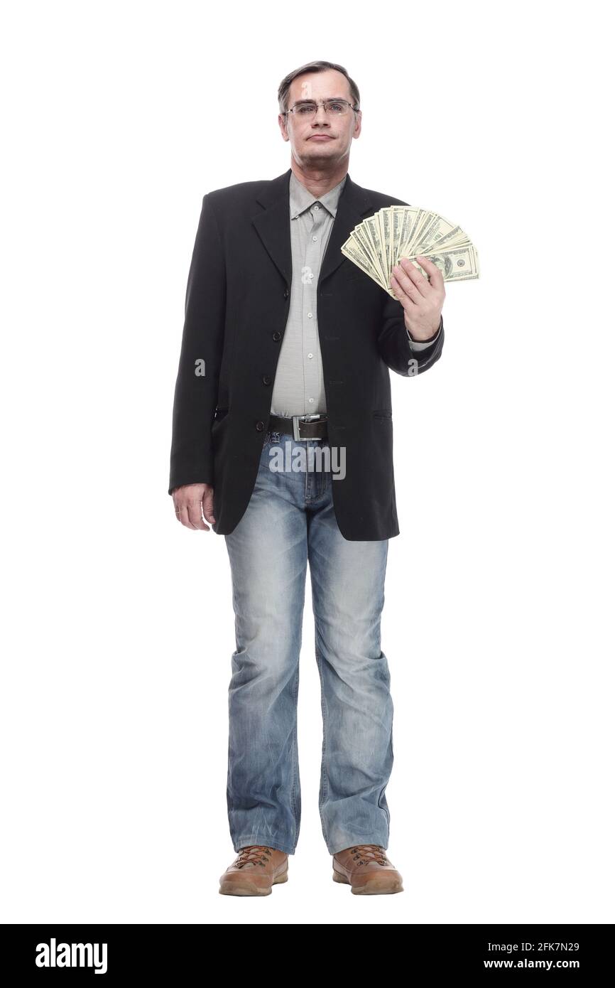 in full growth. serious business man with dollar bills Stock Photo - Alamy
