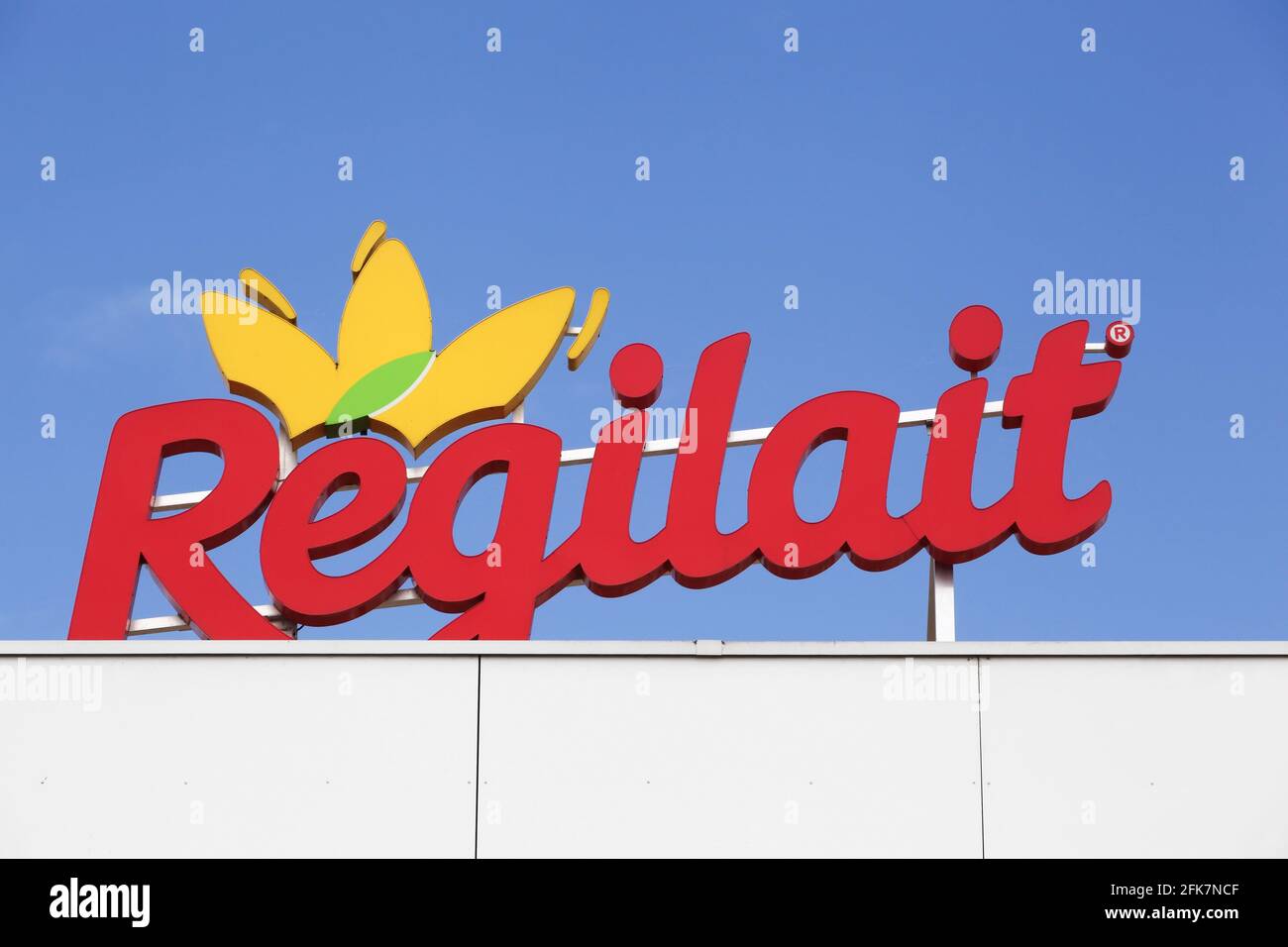 St-Martin-Belle-Roche, France - July 5, 2020: Regilait is a French company in the agri-food industry specialized in powdered milk and condensed milk Stock Photo