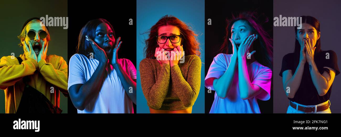 Portrait of group of people on multicolored background in neon light, collage. Shocked, wondered, astonished Stock Photo