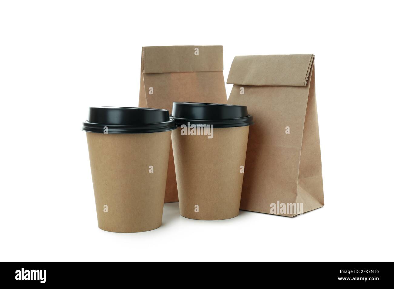 Paper cups and paper bags isolated on white background Stock Photo - Alamy
