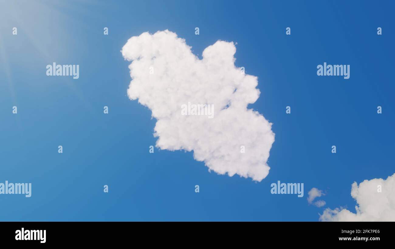 3d rendering of white fluffy clouds in shape of symbol of bat animal on blue sky with sun rays Stock Photo