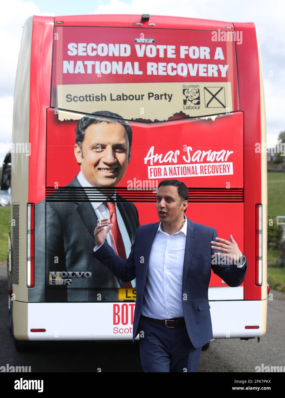 Scottish Labour leader Anas Sarwar as he unveils Scottish LabourÕs second vote battle bus in front of Stirling Castle in Stirling, during campaigning for the Scottish Parliamentary election. Picture date: Thursday April 29, 2021. Stock Photo