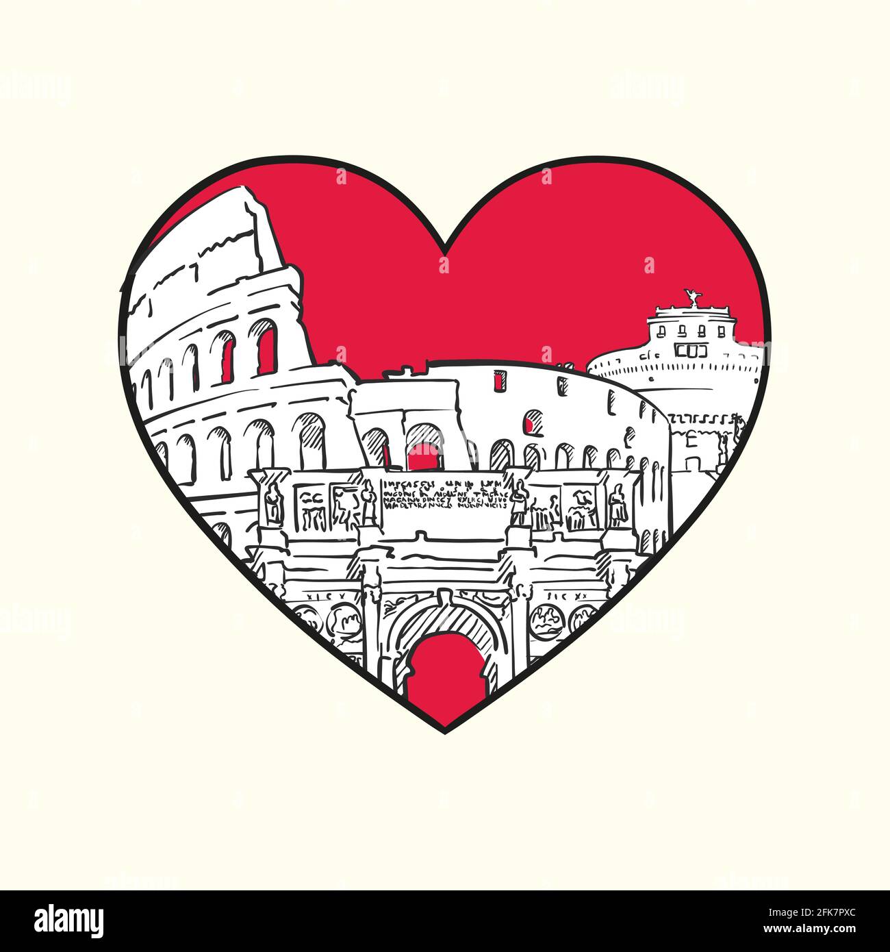I love Rome. Red heart and famous buildings, Italy Composition. Hand-drawn black and white vector illustration. Grouped and movable objects. Stock Vector