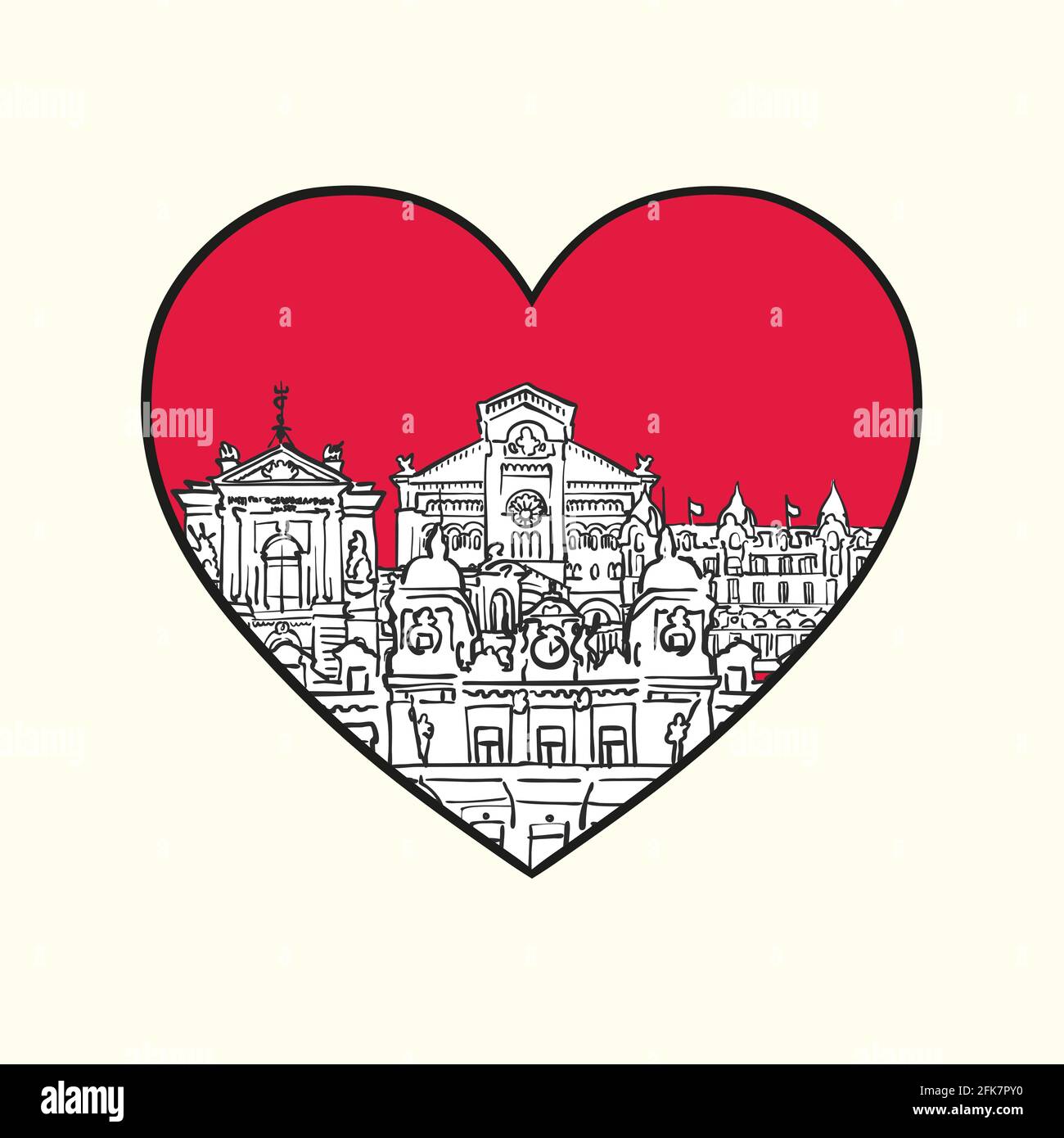 I love Monaco. Red heart and famous buildings, Monaco Composition. Hand-drawn black and white vector illustration. Grouped and movable objects. Stock Vector