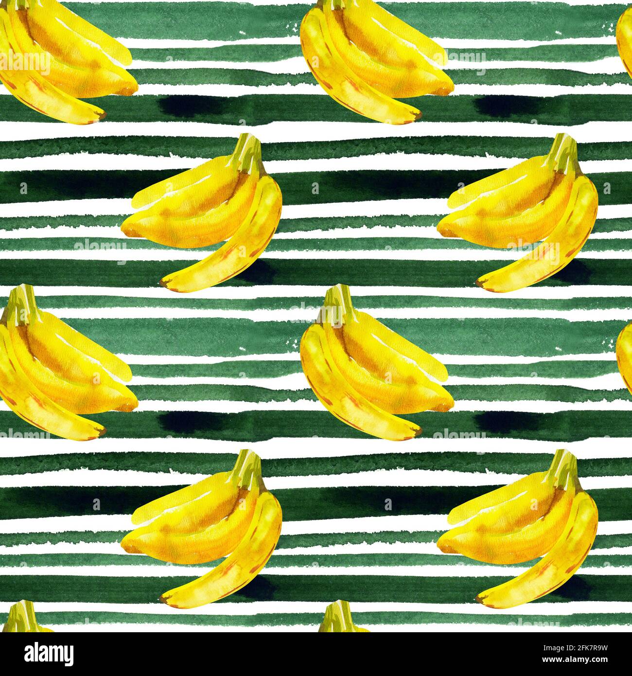 Pattern with watercolor illustration of bananas on a background of green stripes Stock Photo
