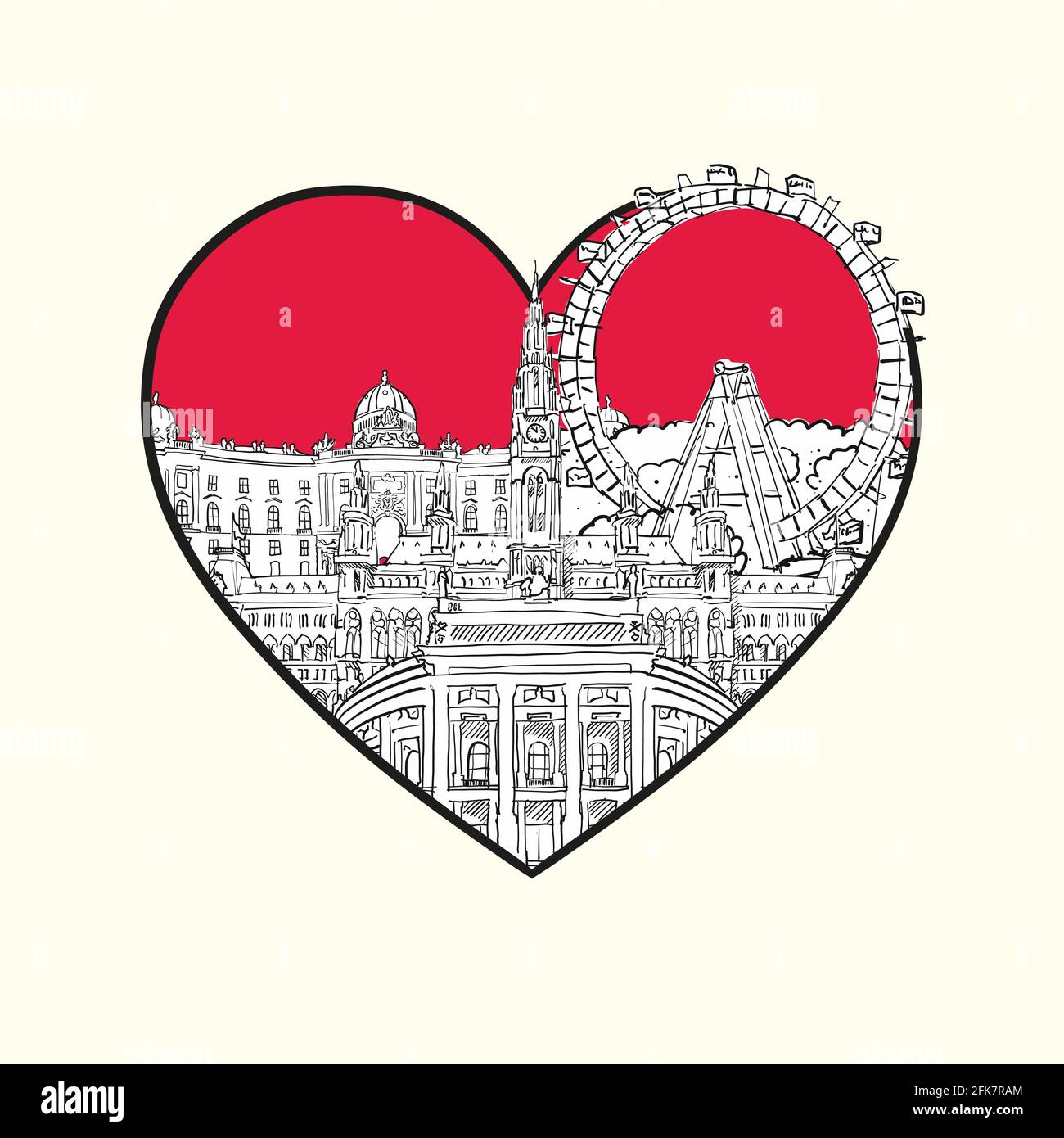 I love Vienna. Red heart and famous buildings, Austria Composition. Hand-drawn black and white vector illustration. Grouped and movable objects. Stock Vector