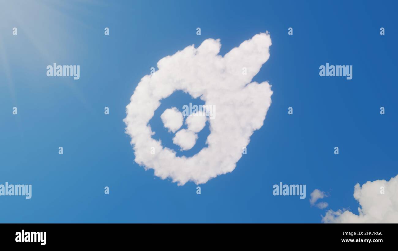 3d rendering of white fluffy clouds in shape of symbol of falling meteorite on blue sky with sun rays Stock Photo