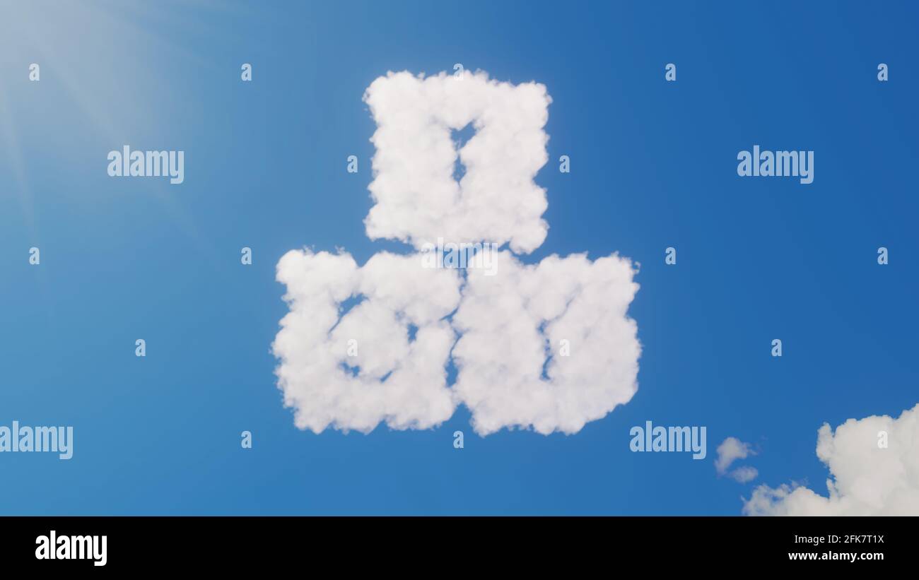 3d rendering of white fluffy clouds in shape of symbol of toy dice for children on blue sky with sun rays Stock Photo
