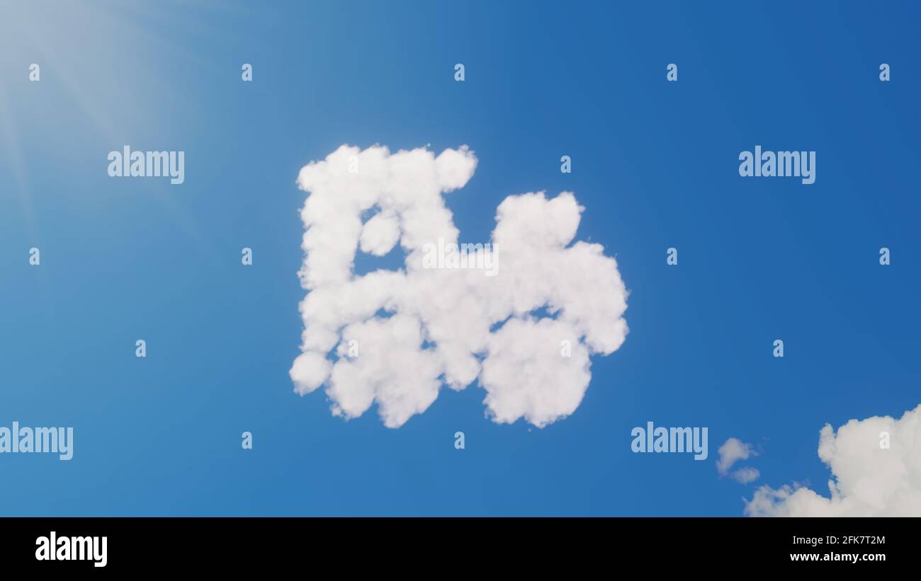 3d rendering of white fluffy clouds in shape of symbol of toy train for children on blue sky with sun rays Stock Photo