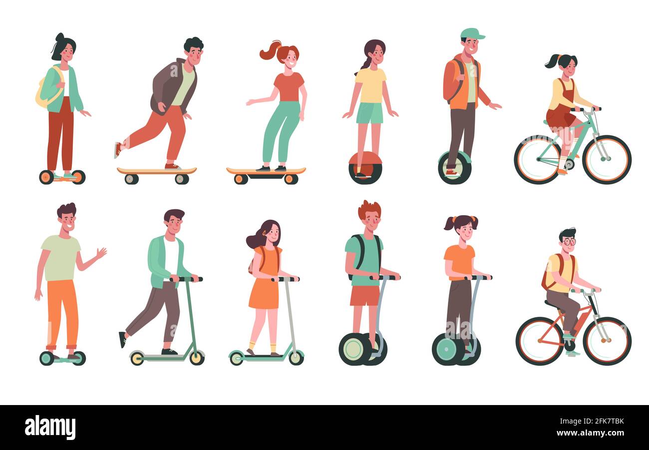 Children ride bicycles, skateboards, scooters, gyroboards. Flat vector set with childs on electric transport..Kids, boys and girls ride. Colorful illustration on cartoon style. Stock Vector