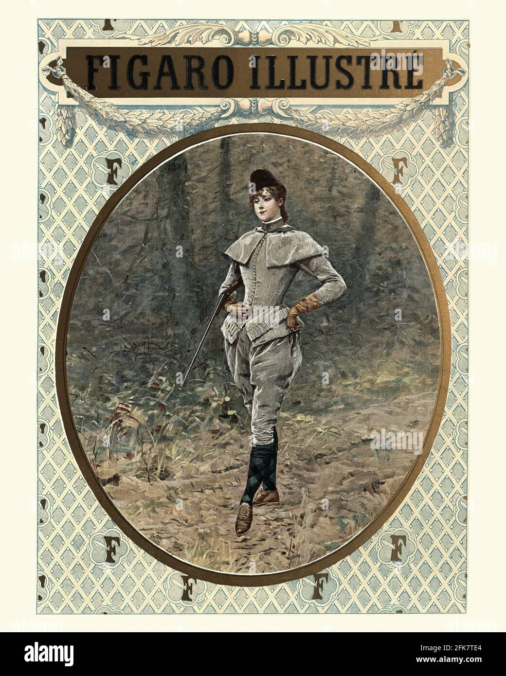 Vintage illustration of a Fashionable young woman out shooting, trouser suit, Victorian 19th Century Stock Photo