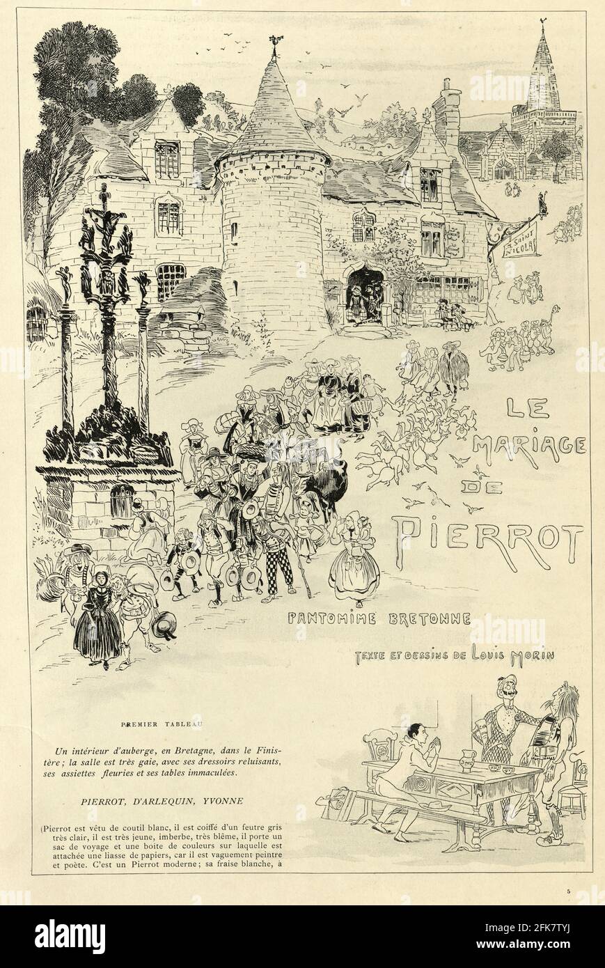 Le mariage de Pierrot. Pantomime Bretonne. Pierrot's marriage. Breton Pantomime. Victorian french cartoon, 19th Century Stock Photo