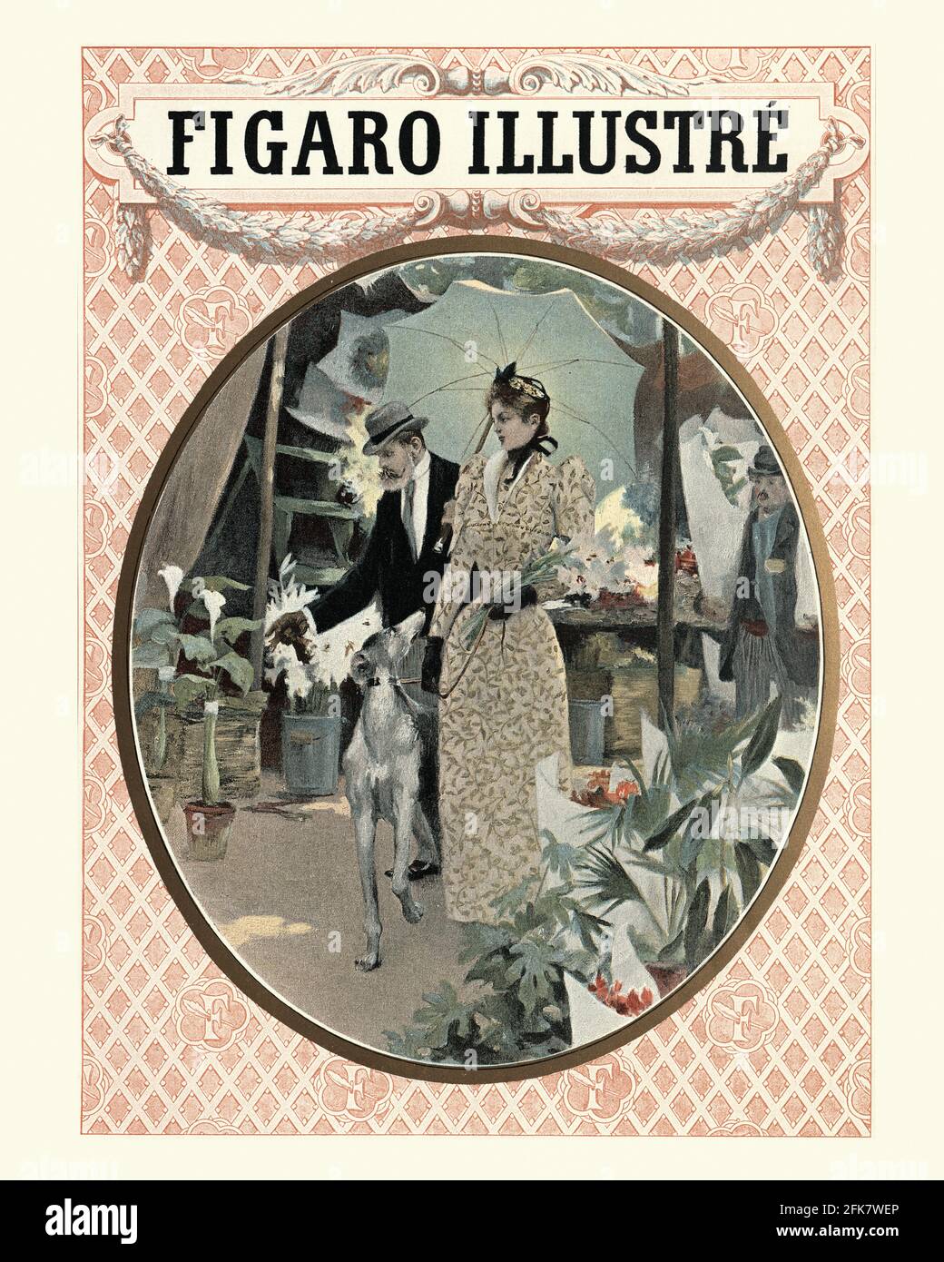 Cover of Figaro Illustre, 1890, Smartly dressed French couple walking though market with their dog, 19th Century Stock Photo