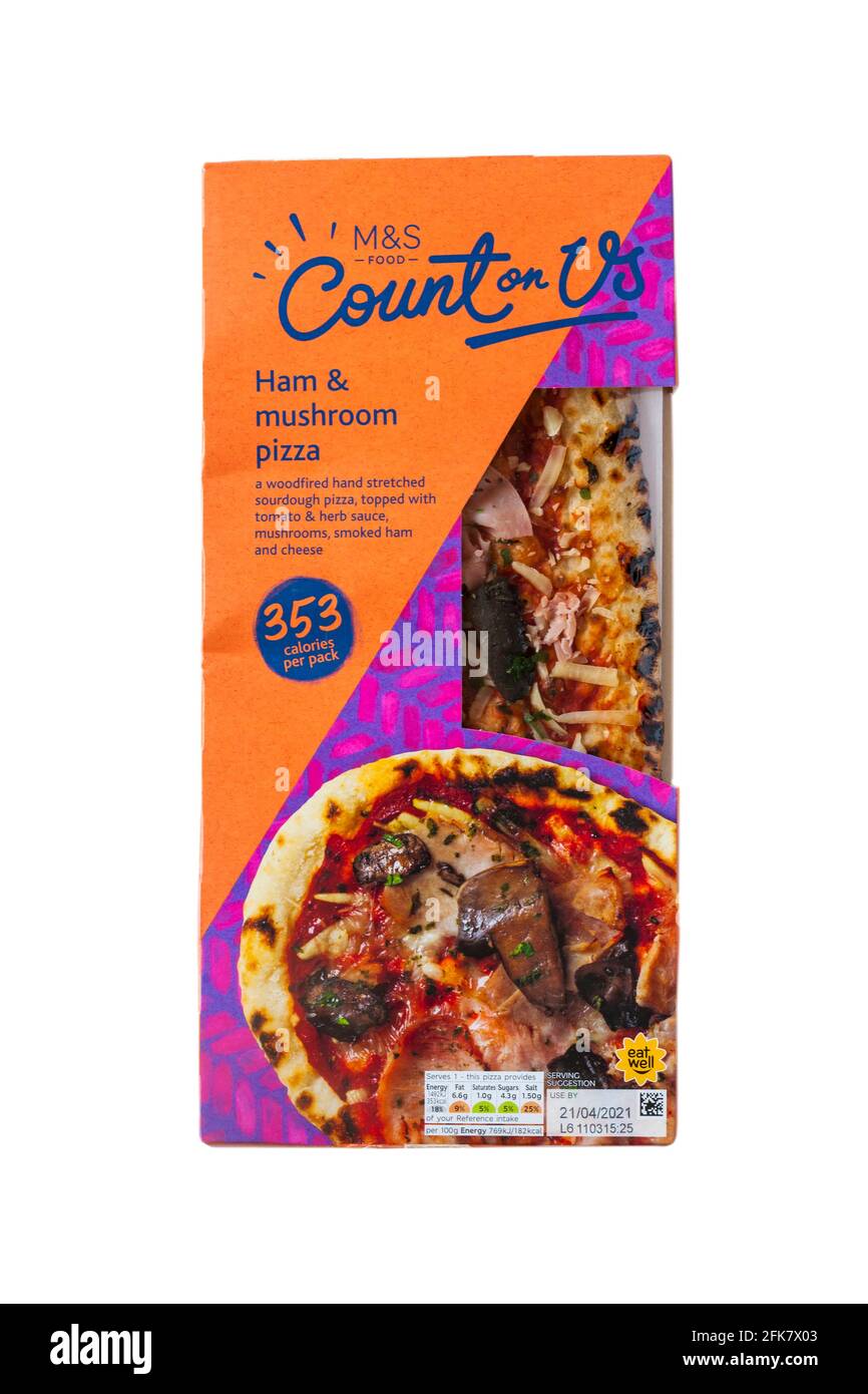 M&S Count on Us Ham & Mushroom pizza isolated on white background Stock Photo