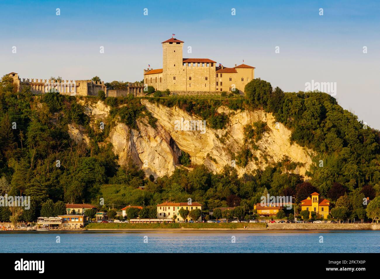 Angera, Varese Province, Lombardy, Italy.  Medieval fortress known as Rocca Borromeo sitting high above Lago Maggiore, or Lake Maggiore. Stock Photo