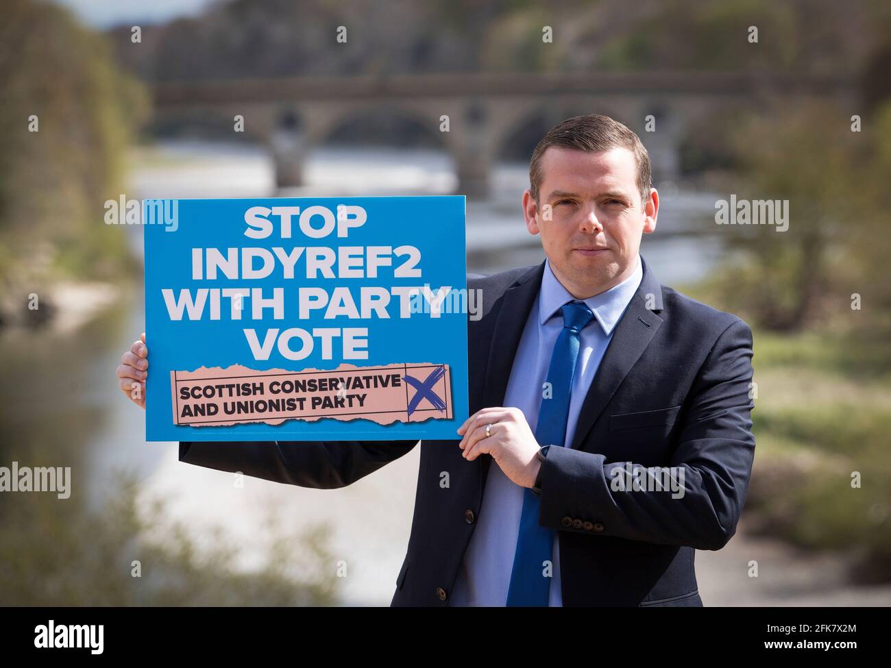 Scottish Conservative leader Douglas Ross during a visit to Henderson Park in Coldstream, at the border between Scotland and England, during campaigning for the Scottish Parliamentary election. Picture date: Thursday April 29, 2021. Stock Photo