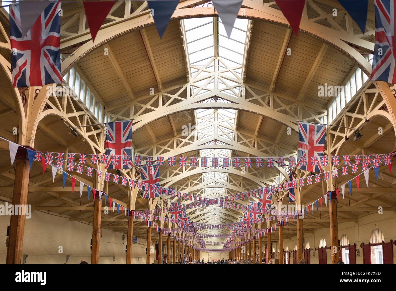 Interior of the old Pannier Market showing roof structure and  lantern lights in Barnstaple Devon England UK Stock Photo