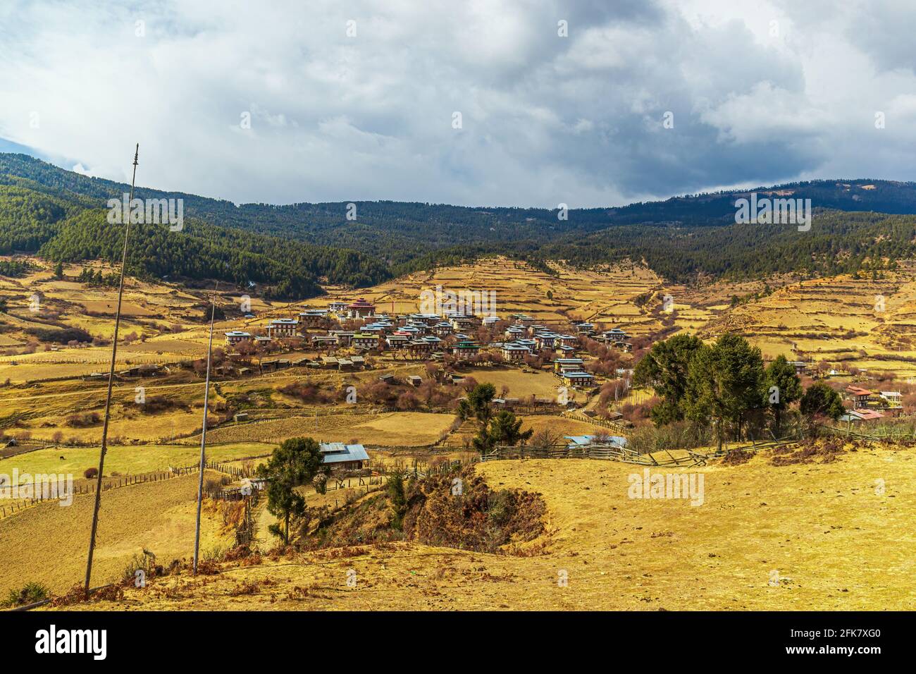 A Bhutanese village in in the region of the Phobjikha Valley Stock Photo