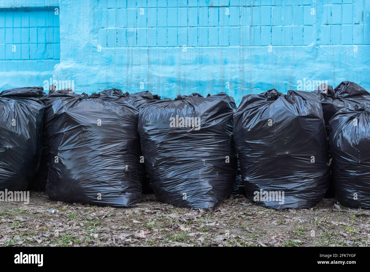 https://c8.alamy.com/comp/2FK7YGF/row-of-black-plastic-garbage-bags-on-a-blue-background-of-the-house-bags-of-garbage-seasonal-cleaning-of-city-streets-cleaning-service-2FK7YGF.jpg