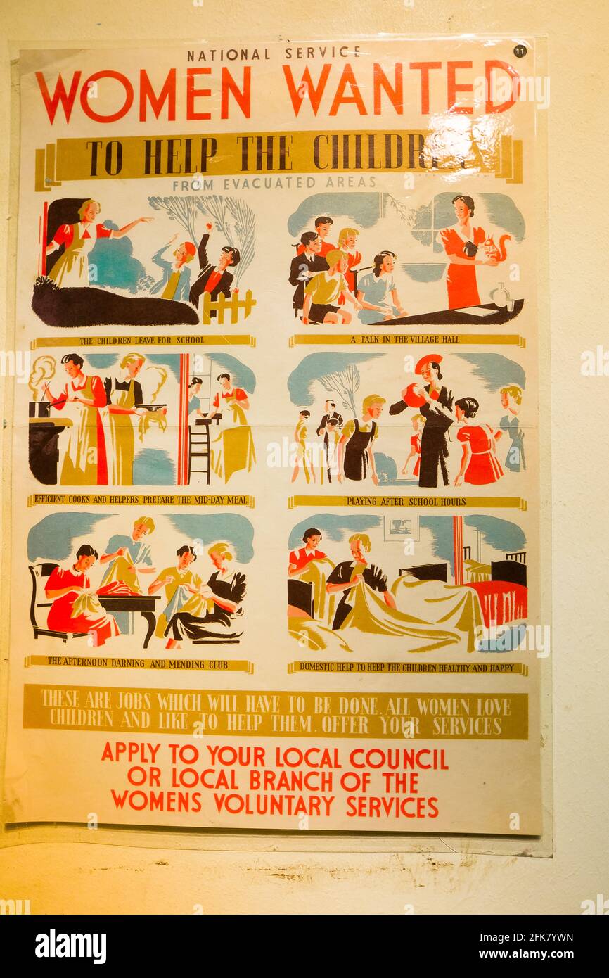 An old poster seeking help from women during World War 2, to help children evacuated to safer areas during the time of aerial blitz on cities in the UK Stock Photo