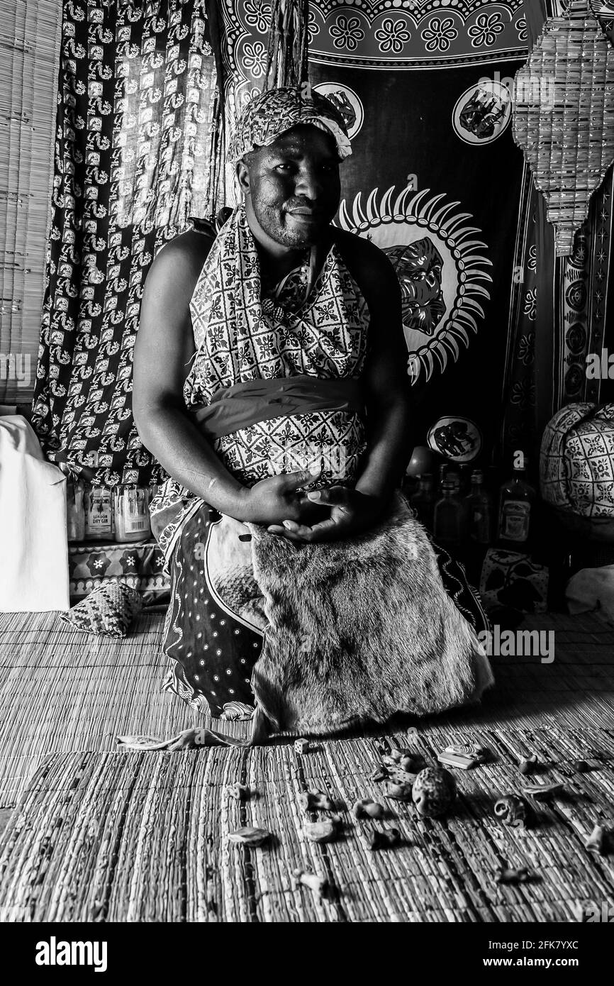 JOHANNESBURG, SOUTH AFRICA - Mar 13, 2021: Sabi Sabi, South Africa - May 5, 2012: African Male Traditional Healer known as a Sangoma or witch-doctor p Stock Photo
