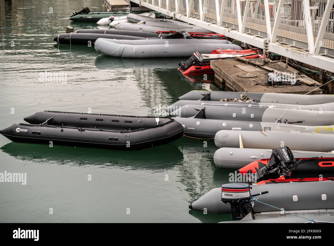 Dinghies seized by Border Force in the past two weeks from immigrants crossing the English Chanel from France, sat  Dover Marina, Kent, UK. Stock Photo