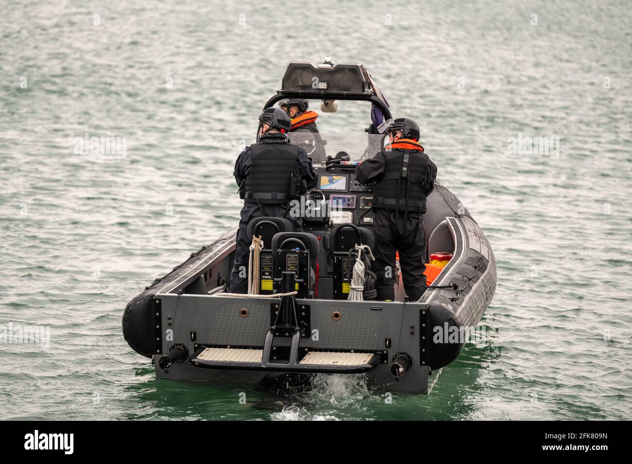 Border Force officers on a rib, Dover, UK. Stock Photo