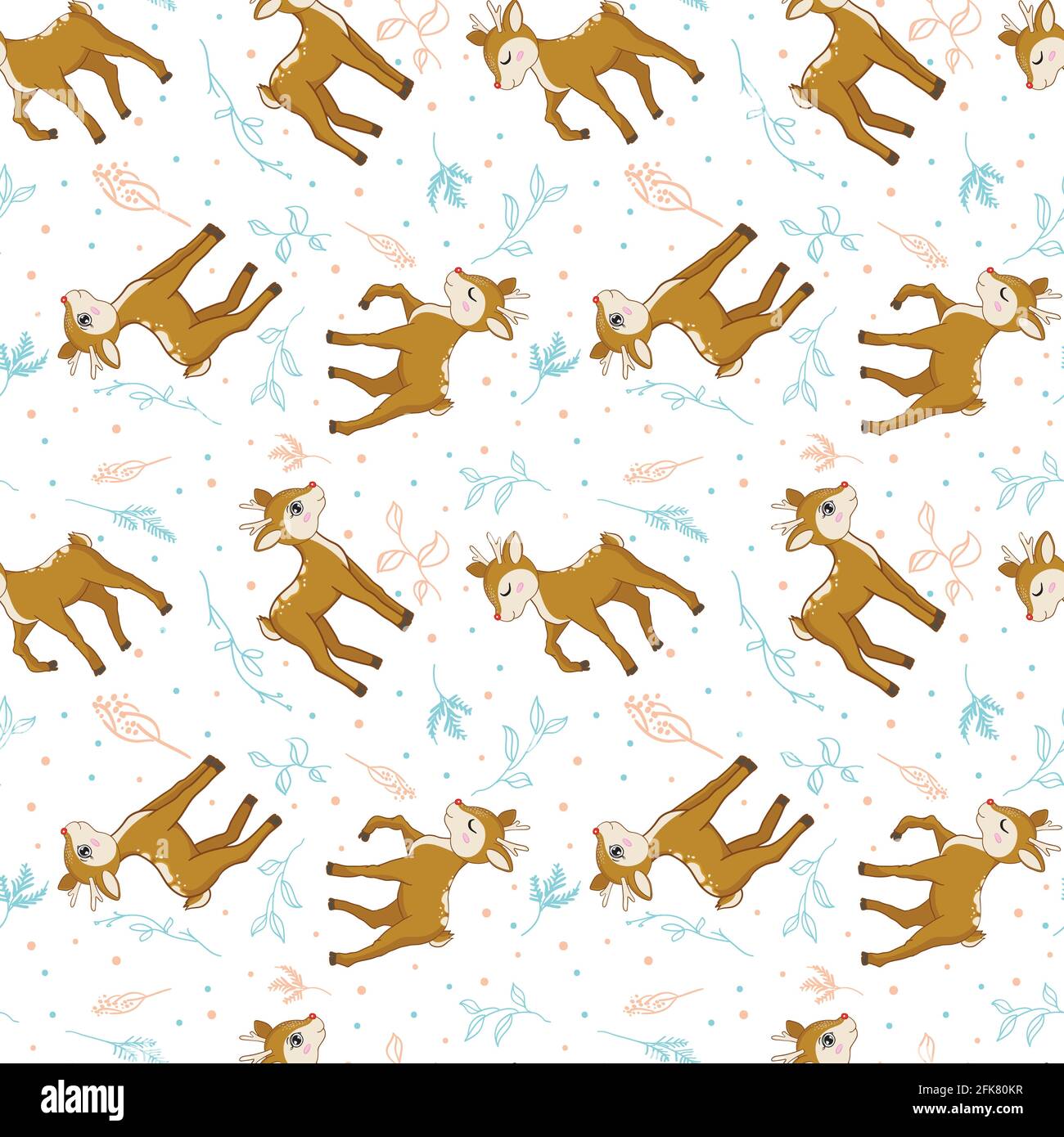 Deer seamless pattern with leaves and flowers on a white background. Vector seamless pattern. Flower illustration. Nature design. Thanksgiving day. Au Stock Vector
