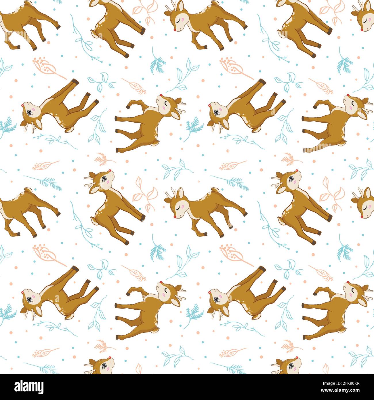 Deer seamless pattern with leaves and flowers on a white background ...