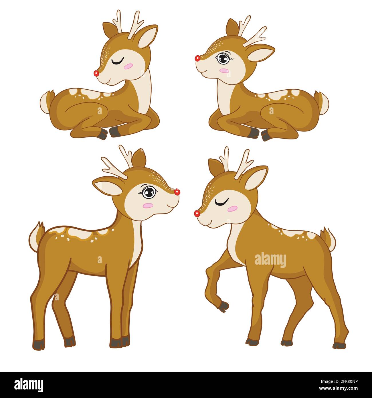 Set of vector illustration of a cute funny deer. Isolated objects on a white background. Flat design. The concept of children's printing. A forest ani Stock Vector