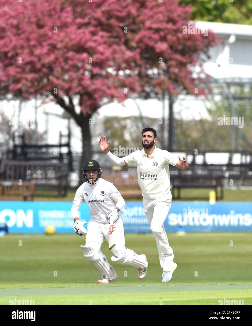 Hove UK 29th April 2021 - Lancashire bowler Saqib Mahmood appeals for a wicket against Sussex on the first day of their LV= Insurance County Championship match at The 1st Central County Ground  in Hove . : Credit Simon Dack / Alamy Live News Stock Photo
