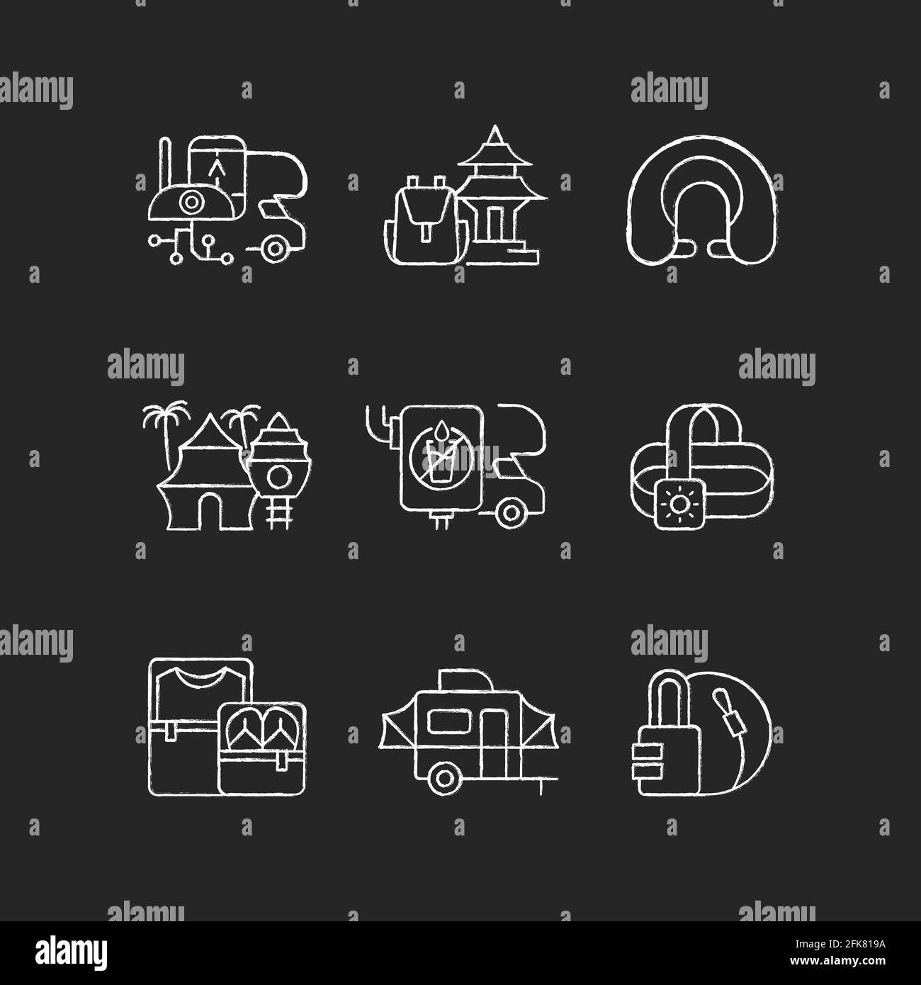Roadtrip chalk white icons set on black background Stock Vector Image ...
