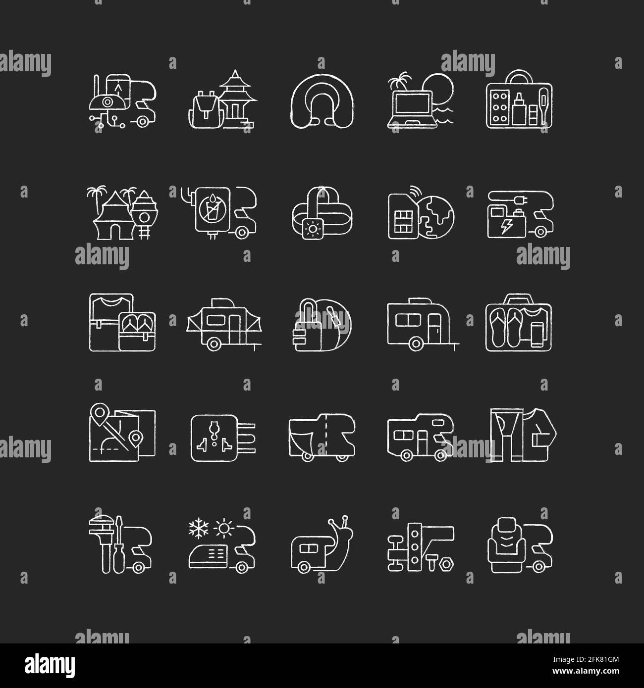 Nomadic vacations chalk white icons set on black background Stock Vector