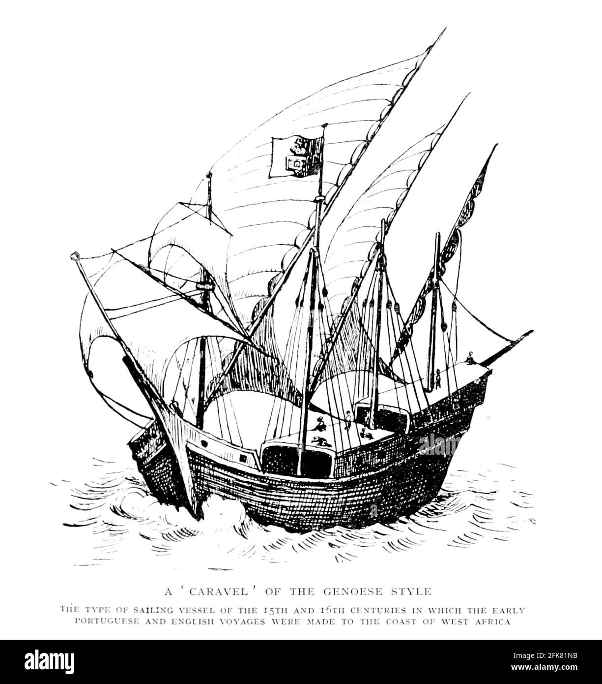 A ' Caravel ' Of The Genoese 15th-16th century Style From the Book '  Britain across the seas : Africa : a history and description of the British Empire in Africa ' by Johnston, Harry Hamilton, Sir, 1858-1927 Published in 1910 in London by National Society's Depository Stock Photo