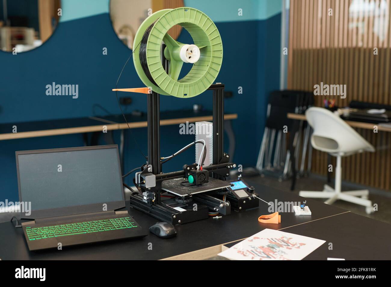 Background image of 3D printer in engineering and robotics lab at modern school, copy space Stock Photo