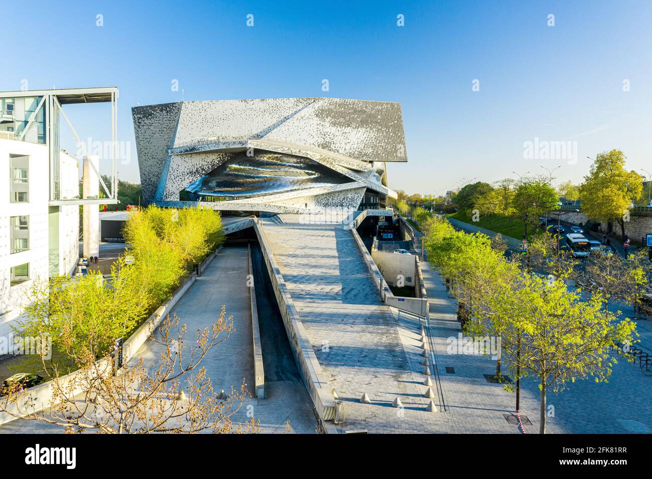 low angle view of entrance of Philharmonie de Paris Stock Photo