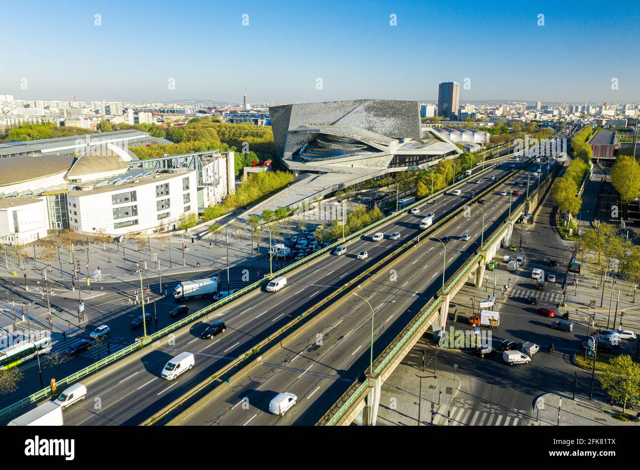 Aerial view of Philharmonie de Paris take using drone from far. Stock Photo