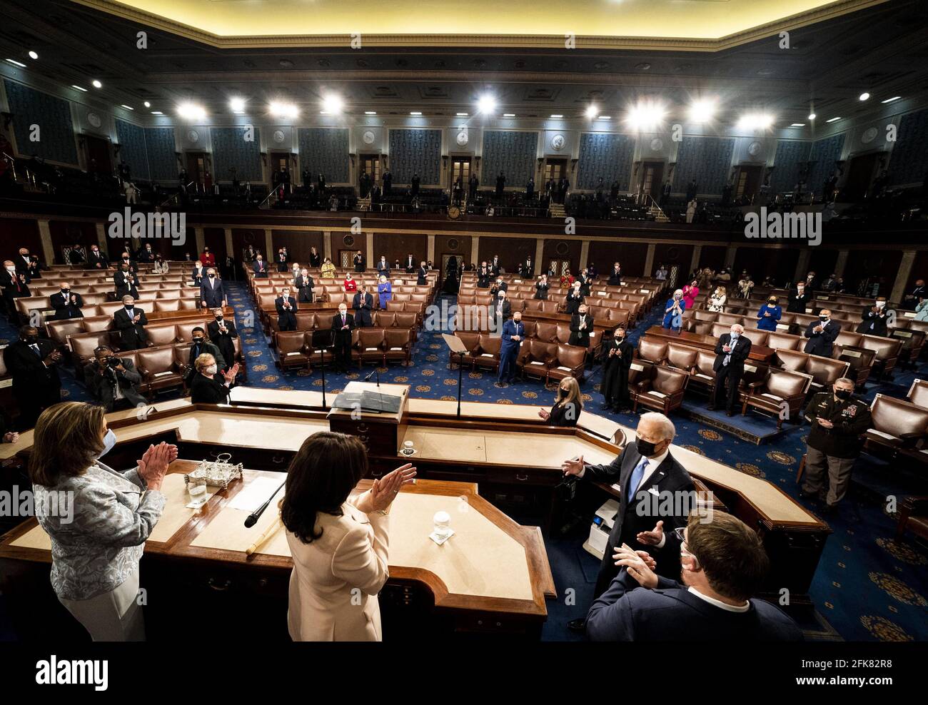 Washington, United States. 29th Apr, 2021. President Joe Biden addresses a Joint Session of Congress, with Speaker of the House Nancy Pelosi and Vice President Kamala Harris behind on the dais, on Capitol Hill in Washington DC, on Wednesday, April 28, 2021.b Pool photo by Melina Mara/UPI Credit: UPI/Alamy Live News Stock Photo