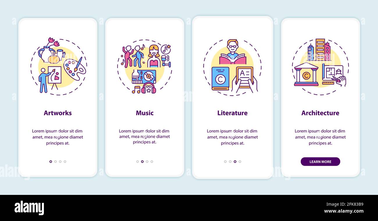 Copyright objects onboarding mobile app page screen with concepts Stock Vector