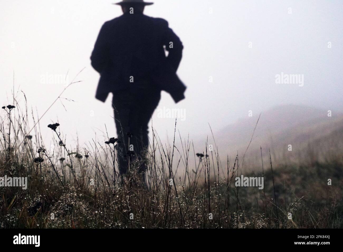 A cinematic concept of a man wearing a classic fedora hat and long coat, running through the countryside on a moody misty day Stock Photo