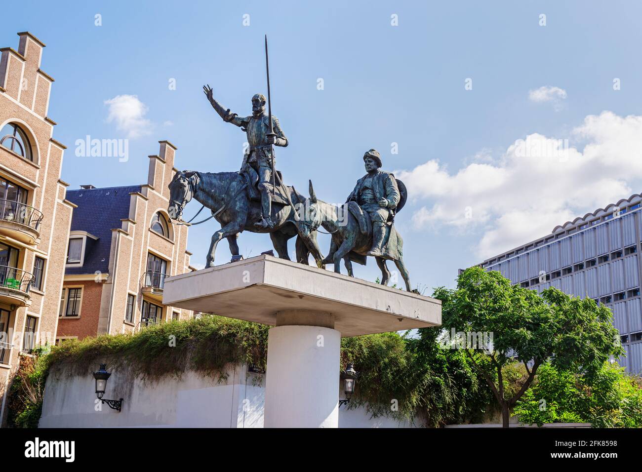BRUSSELS, BELGIUM - Jun 04, 2017: Monument to Don Quixote and Sancha Panza at Spanish Place Square in Brussels Stock Photo