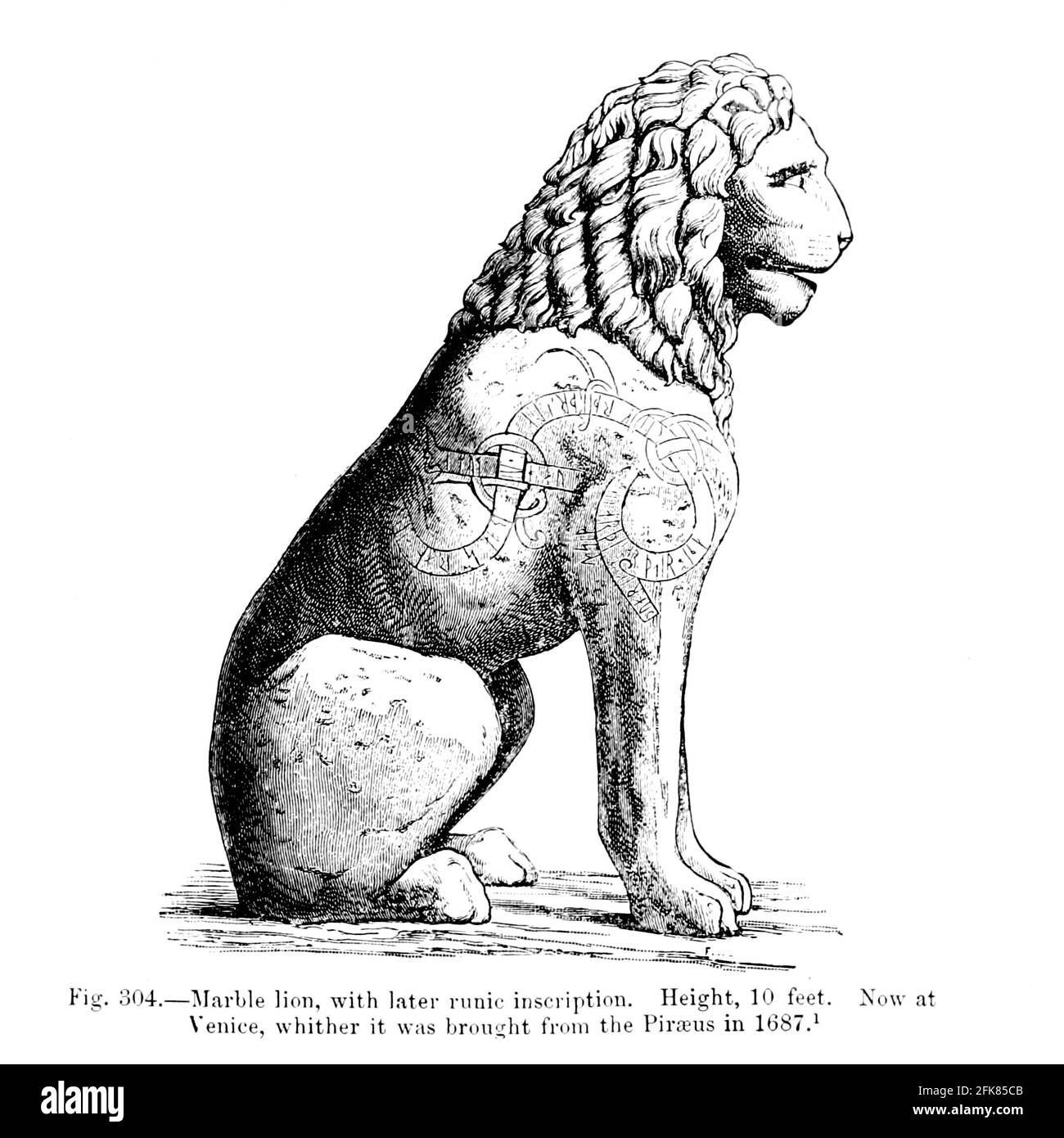 Marble lion, with later runic inscription. Now at Venice, whither it was brought from the Piraeus in 1687 from the book '  The viking age: the early history, manners, and customs of the ancestors of the English speaking nations ' by Du Chaillu, (Paul Belloni), 1835-1903 Publication date 1889 by C. Scribner's sons in New York, Stock Photo