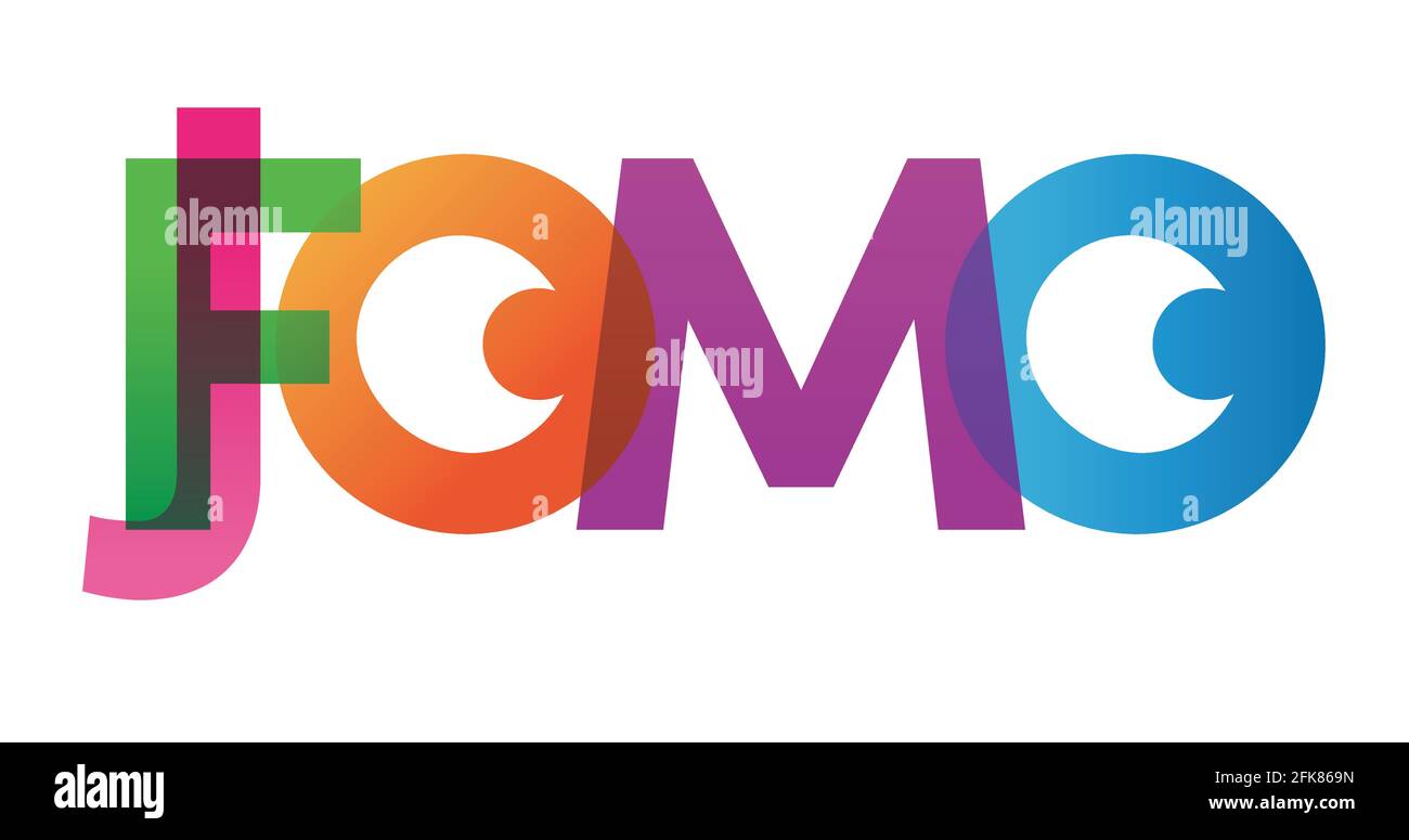 JOMO FOMO word vector illustration. Joy Fear Of Missing Out. Colored rainbow text. Vector banner. Corporate concept. Gradient Text. Transparency Letters. Vector illustration Stock Vector
