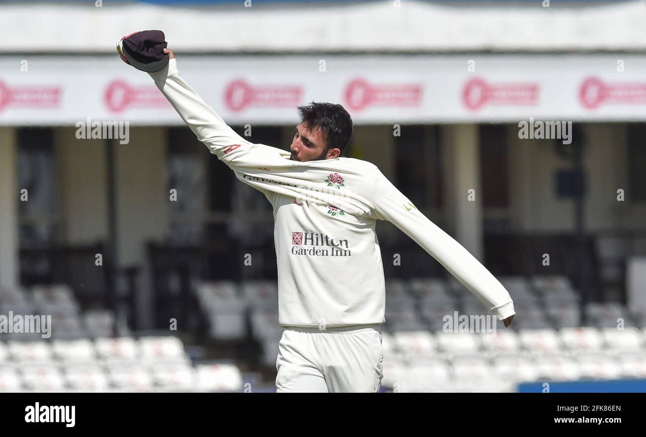 Hove UK 29th April 2021 -  Lancashire bowler Saqib Mahmood on the first day of their LV= Insurance County Championship match against Sussex at The 1st Central County Ground  in Hove . : Credit Simon Dack / Alamy Live News Stock Photo