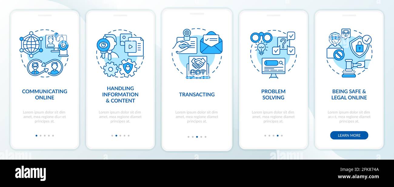 Digital skills blue onboarding mobile app page screen with concepts ...