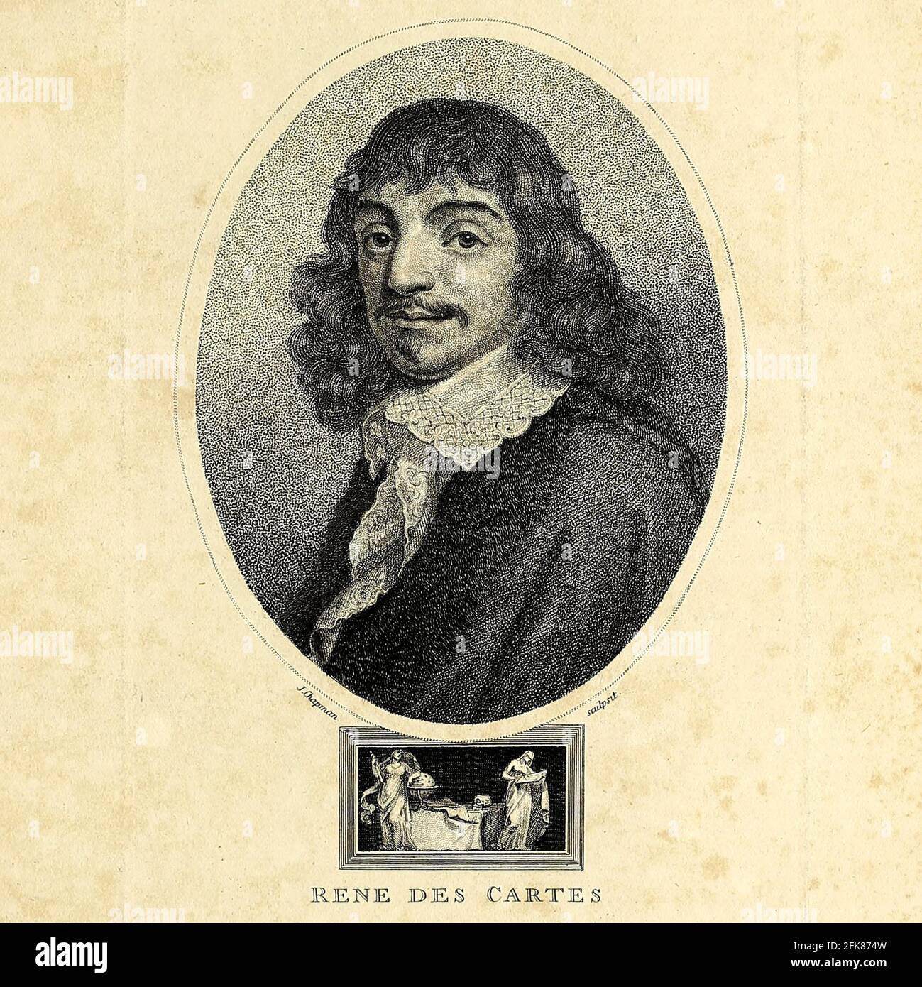 Portrait of René Descartes [Here as Rene Des Cartes] (31 March 1596 – 11 February 1650[) was a French-born philosopher, mathematician, and scientist who spent a large portion of his working life in the Dutch Republic, initially serving the Dutch States Army of Maurice of Nassau, Prince of Orange and the Stadtholder of the United Provinces. One of the most notable intellectual figures of the Dutch Golden Age, Descartes is also widely regarded as one of the founders of modern philosophy. Copperplate engraving From the Encyclopaedia Londinensis or, Universal dictionary of arts, sciences, and lite Stock Photo