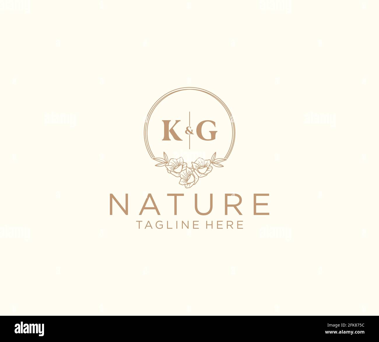 KG letters floral frames. Botanical feminine editable premade monoline unique decoration for greeting card, wedding invitation. Stock Vector