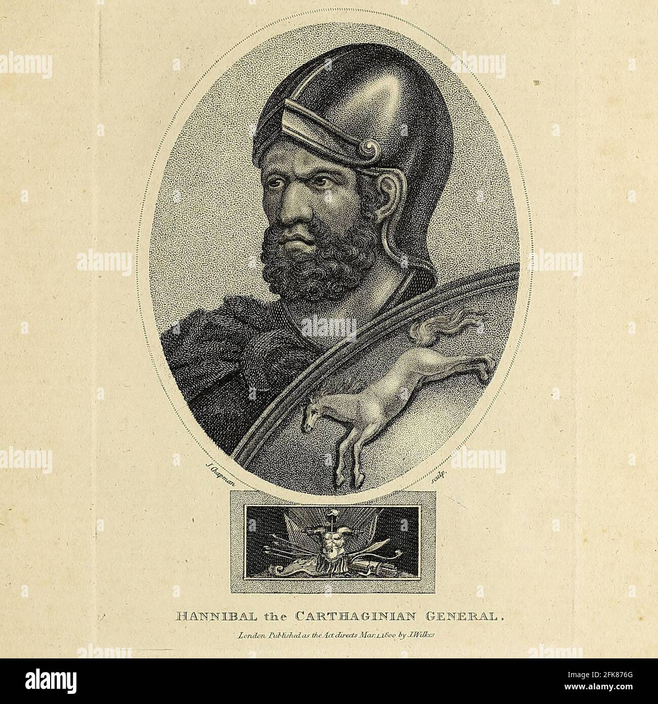Hannibal (247 – 183 BC) was a Carthaginian general and statesman who commanded Carthage's main forces against the Roman Republic during the Second Punic War. He is widely considered one of the greatest military commanders in human history. Copperplate engraving From the Encyclopaedia Londinensis or, Universal dictionary of arts, sciences, and literature; Volume III;  Edited by Wilkes, John. Published in London in 1810 Stock Photo