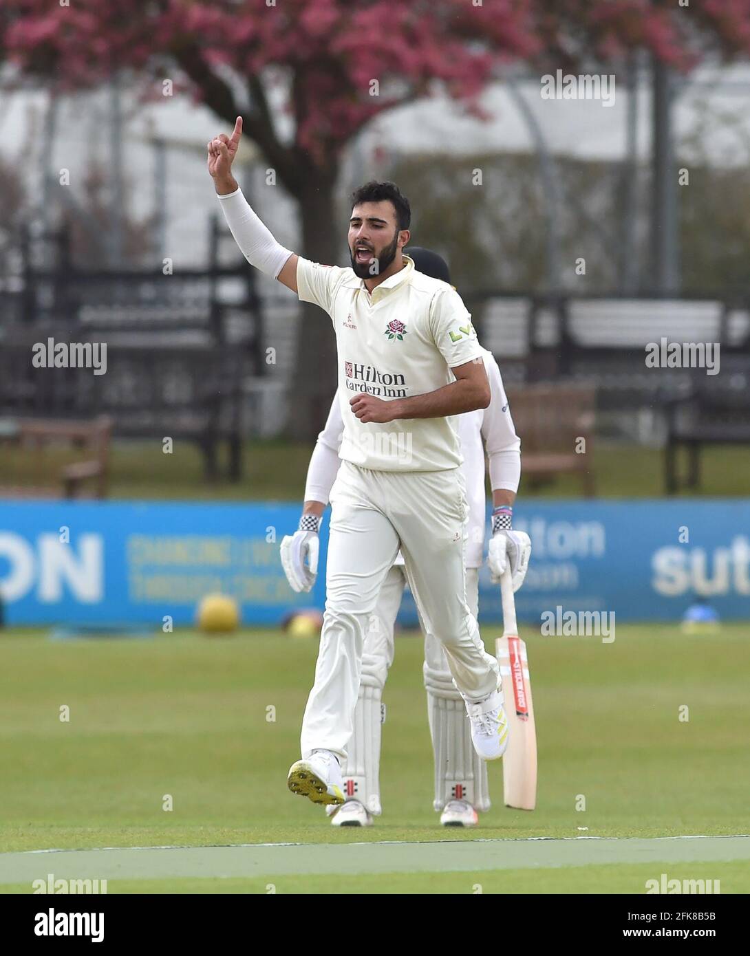 Hove UK 29th April 2021 - Lancashire bowler Saqib Mahmood claims the wicket of Tom Haines of Sussex on the first day of their LV= Insurance County Championship match at The 1st Central County Ground  in Hove . : Credit Simon Dack / Alamy Live News Stock Photo