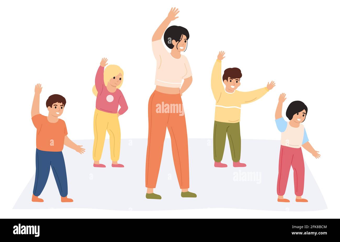 Teacher and kids exercising. Preschool teacher doing gymnastics ...